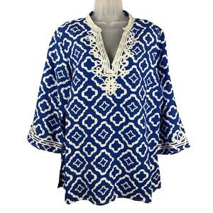 Appraisal Blue & White Soutache Trim Tunic Top XL Lagenlook Resort Coastal Beach